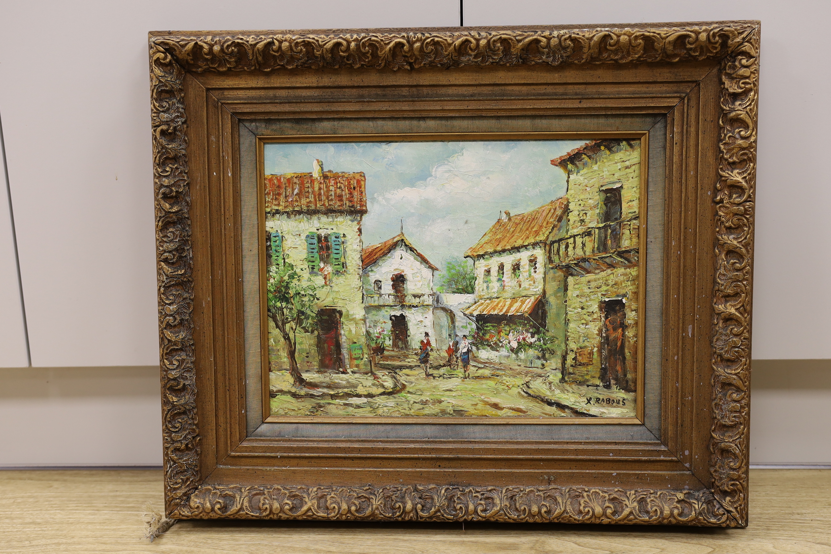 X Rabous, oil on canvas, Continental street scene, 30 x 39cm